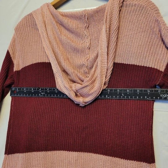 C Pink Red Cardigan Open Front Hooded Long Sweater Size M - Picture 8 of 9